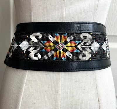 Black Leather Aztec Southwestern Beaded Boho Wide Tie Waist Belt Sz S Festival - Image 1 of 4
