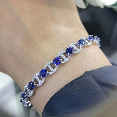 8ct Oval Cut Lab Created Sapphire Diamond Bracelet 14K White Gold Plated 7.5 - Image 1 of 3