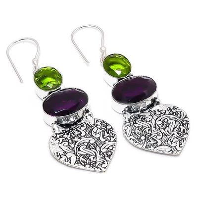 Amethyst, Peridot Gemstone Handmade 925 Sterling Silver Jewelry Earring 2.36 " - Image 1 of 4
