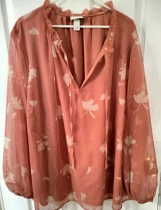 Ava & Viv Floral Print Tie Neck Chiffon Blouse Size 3X- Flowy Beachy Casual - Picture 1 of 7