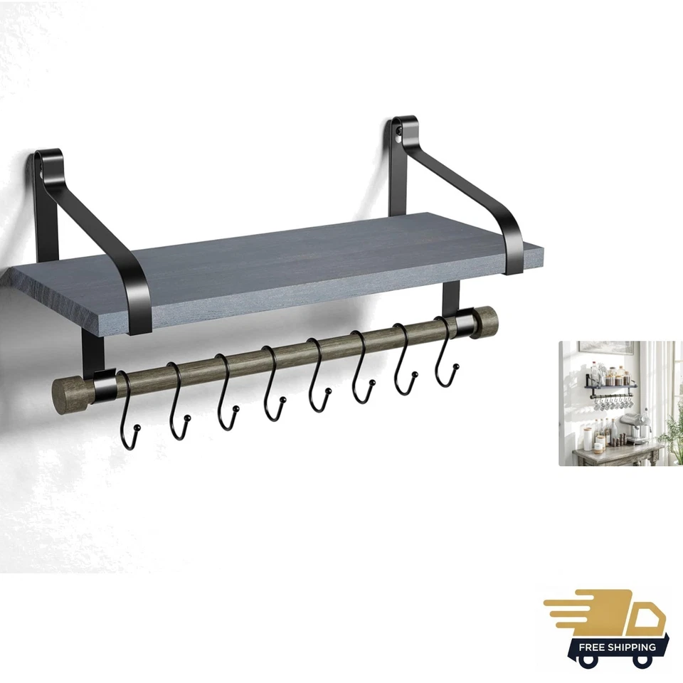 Love-KANKEI Wall Shelf for Storage - Rustic Wood Kitchen Spice Rack with Towel 8