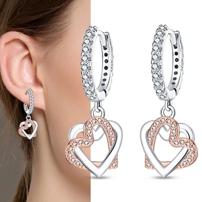 PANDACH 925 Sterling Silver Heart-to-Heart Drop Earrings For Women Jewelry Gifts - Image 1 of 4