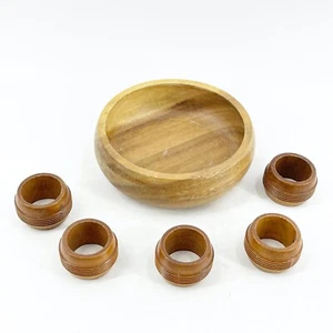 VTG Lot of 6 Pcs Well Equipped Kitchen 5.5" Bowl 5 Barrel Napkin Rings Wooden - Picture 1 of 8
