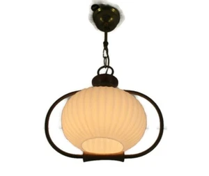 Danish Modern Chandelier Pendant Teak Brass Opaline Glass  Louis Kalff Atomic - Picture 1 of 8