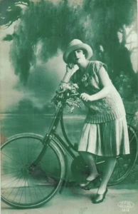 A Girl with Bicycle -Cycling - Antique Photo Postcard 1900s 2 - Picture 1 of 2