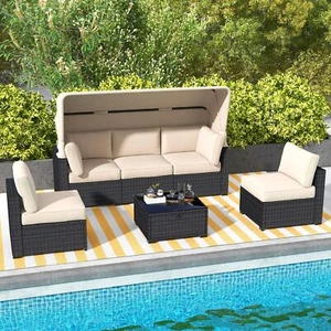 6PCS Outdoor Patio Furniture Set ,Rattan Wicker Sectional Sofa Daybed w/Canopy - Picture 1 of 14