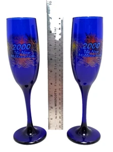 NEW SET 2 COBALT BLUE GLASS CHAMPAGNE FLUTES 2000 THE NEW MILLENNIUM ~ 9 INCHES - Picture 1 of 7