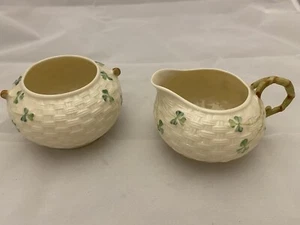 Belleek Ireland Basketweave Shamrock Creamer Sugar Bowl Set - Picture 1 of 12