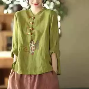 Ethnic Women Embroidery Cotton Linen T-shirts Casual Tops Blouse Retro Chinese - Picture 1 of 28