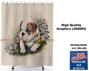 Bulldog Puppy Bull Dog Floral Watercolor Art #1 Standard Bathroom Shower Curtain - Picture 1 of 5