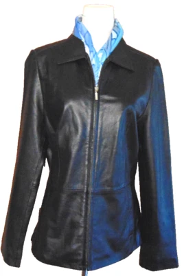 APT 9 ЖЕНЩИН ЧЕРНАЯ ПЕРЧАТКА МЯГКИЙ ИЗ ОВЧИНЫ КОЖАНАЯ КУРТКА СИНИЙ ЦВЕТОЧНЫЙ ШАРФ SZ S - Изображение 1 из 4