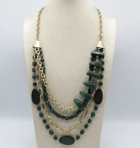 Plunder Layered Beaded Necklace Green Cushion Beads Gold Tone Boho 27" - Picture 1 of 15