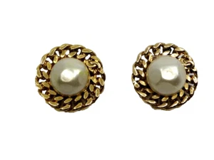 Authentic Vintage CHANEL 1.25" Round Gold Tone Chain & Faux Pearl CC Earrings - Picture 1 of 3