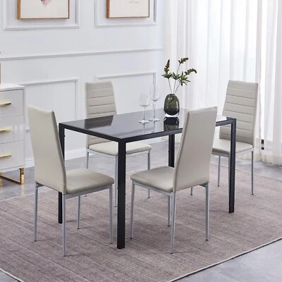 Set of 5 Black Marble Glass Dining Table & 4pcs Grey PU Leather Dining Chairs - Image 1 of 4
