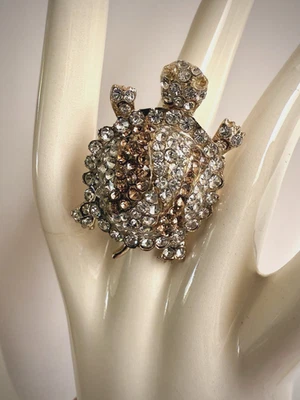 Vintage Gold Electroplate Clear & Gold Rhinestone Turtle Ring Size 8 - Image 1 of 4