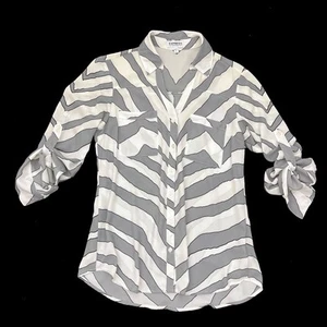EXPRESS Portofino Gray White Zebra Stripe Roll-Tab Sleeve Button Shirt Women S - Picture 1 of 5