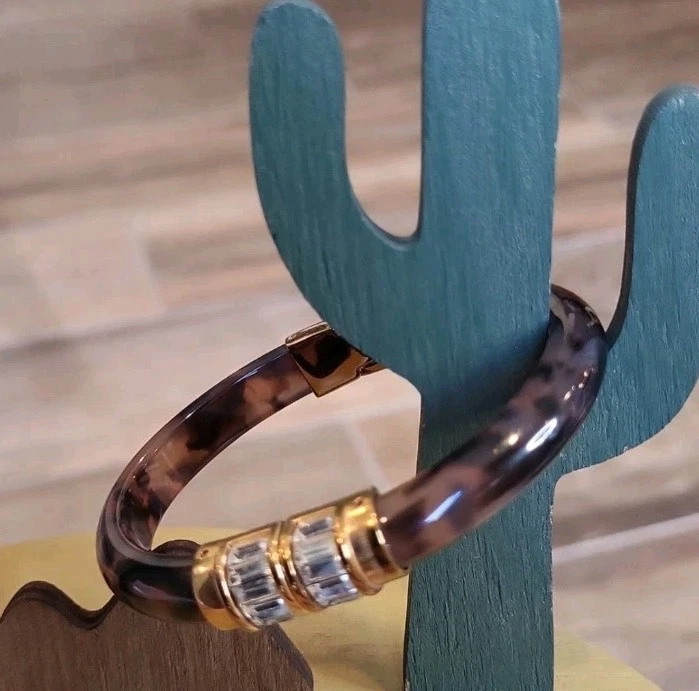 MICHAEL KORS Tortoise Lucite Hinged Bangle Bracelet w/ Clear Baguette Accents - Image 1 of 4