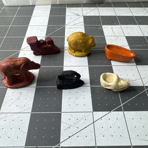 6 Vintage WW2 Composite Wood MONOPOLY Board Game Pieces Pig TRAIN TUB Shoe - Picture 1 of 13