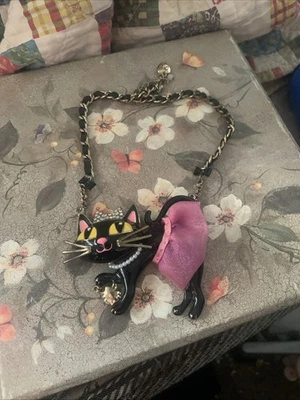 BETSEY JOHNSON NECKLACE LOVELY BIG BLACK CAT WITH PINK TUTU AND CRYSTAL INLAY - Image 1 of 4