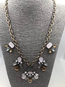 Gold Tone Chunky Chain Bib Necklace Pink Grey Amber Glass Beads Statement Y2K - Picture 1 of 12