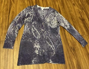 Chicos Long Button Cardigan SZ 1 Purple Paisley Metallic Lightweight - Picture 1 of 3