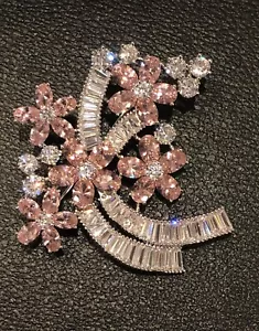 18K White Gold Plated Flower Pink Topaz Gemstone Big Brooch Pin Gorgeous - Picture 1 of 11