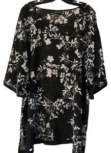 Fashion Bug Oversized Tunic 1X Blouse Shortsleeve Blk W/Wht Floral Airy Chiffon - Picture 1 of 15