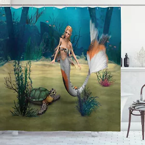 Cute Mermaid and Turtle Fantasy World in Ocean Design Fabric Shower Curtain - Picture 1 of 2