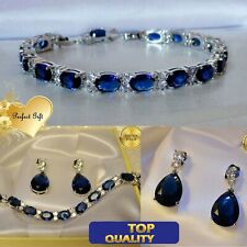 Womens Elegant Blue Sapphire And Simulated Diamonds Bracelet Drop Earrings BOXED