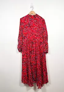 Whistles Dress 14 Red Midi Animal Print Jungle Cat Pleated Dress Evening Formal - Picture 1 of 13