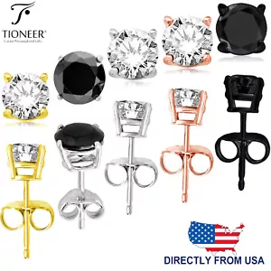 2mm-10mm Sterling Silver 925 Round Cut Cubic Zirconia Men Women Ear Stud Earring - Picture 1 of 12