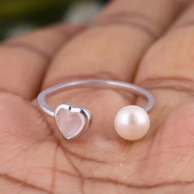 Heart Shape Moonstone 14k White Gold Ring With Pearl Engagement Gift Ring - Image 1 of 4
