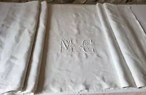N27 Ancien drap en lin écru brodé fleurs monogramme MC 234x302cm 1900 Old sheet - Imagen 1 de 13