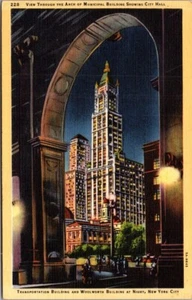 View Through ARCH OF MUNICIPAL BUILDING City Hall night view NEW YORK Postcard - Picture 1 of 2