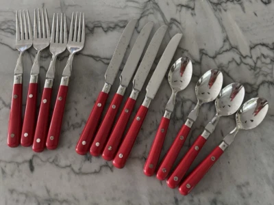 Lifetime Cutlery 12 RED Stainless Vintage Flatware Service for 4 Korea - Image 1 of 3