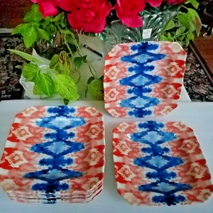 Set Of 8 PATINA VIE Porcelain French Sapphire Side Plates Square Ikat - Picture 1 of 3