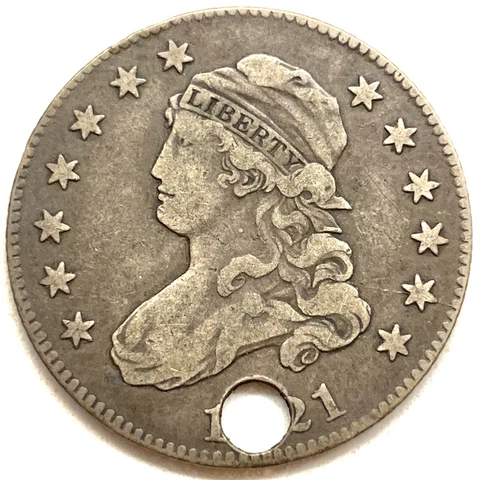 1821 25C Capped Bust Silver Quarter VF Details: Holed Cover