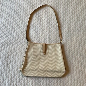 Stella And Dot Crossbody Leather Bag Tan White Chevron Shoulder Bag Hobo Tote - Picture 1 of 18