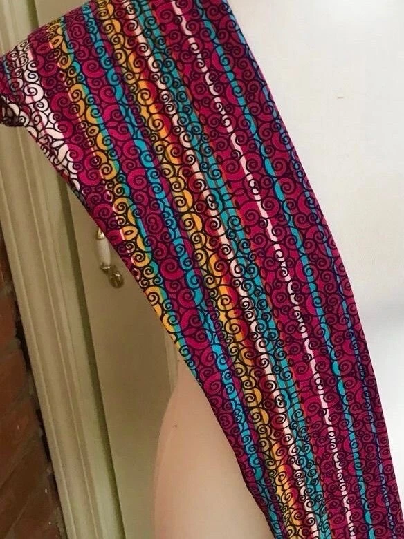 Leggings Lularoe OS Amarillo Rosa Blanco Teal Rayas Azul Marino Remolinos Desplazamiento De Colección Foto 1 de 1