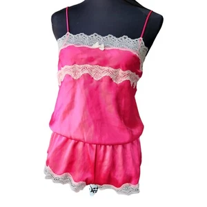 Victorias Secret Satin Romper Small Hot Pink White Lace One Piece Shorts - Picture 1 of 9