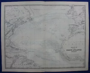 BASIN OF THE NORTH ATLANTIC OCEAN, large original antique map, Johnston, 1871 - Picture 1 of 6