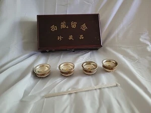 Vintage Tibetan Silver/Agate Tea Cup Set of 4 With Storage Box - Picture 1 of 10