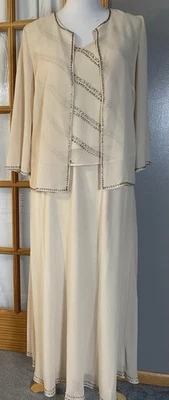 Conjunto formal de estudio de los 90 de 3 piezas talla 8 chaqueta sin mangas falda beige cuentas acento clásico Foto 1 de 4