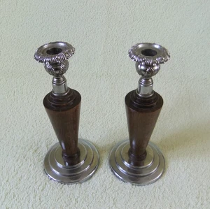 PAIR OF VINTAGE ART DECO STYLE CHROME & WOODEN CANDLESTICKS - Picture 1 of 4