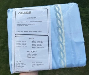 Vintage Sears Light Blue Satin Plus II Queen Flat Sheet - Picture 1 of 4
