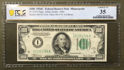 1934C Mule  $100 FRN ~ MINNEAPOLIS ~ PCGS  35CVF ~ FR 2155-I ~ SN I 01351724A - Image 1 of 2