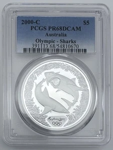 2000 Australia $5 Silver Proof – Sharks – Sydney Olympics – PCGS PR68DCAM Color - Picture 1 of 2