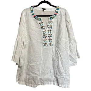 Top tunica Talbots 1x bianco perline impreziosito scollo lino camicetta resort - Foto 1 di 9