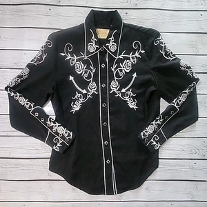 Camicia Scully vintage donna piccola western rodeo snap ricamata floreale nero bianco - Foto 1 di 17