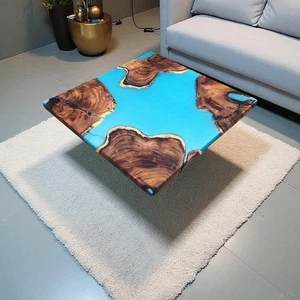 Blue Epoxy Table, Square Dining Table, Custom Coffee Table, Wood Resin Tabletop - Picture 1 of 10